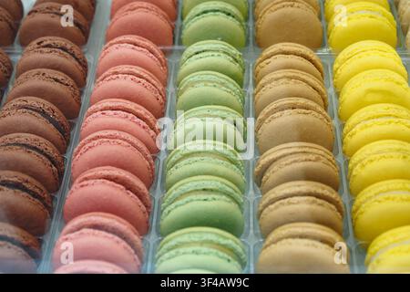 Bunte Macarons in einer Backofenvitrine ausgestellt Stockfoto