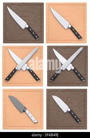 Set aus Küchenmessern des Küchenchefs mit einem Holzgriff, isoliert auf weißem Hintergrund. 3D Render von Metzgermessern oder professionellen Küchenutensilien Stockfoto
