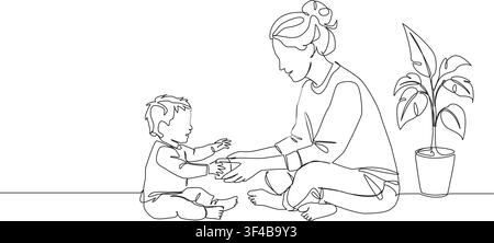 kontinuierliche Linienzeichnung einer liebevollen Mutter, die mit einem Kleinkind auf dem Boden spielt, Linienkunst-Vektorillustration Stock Vektor