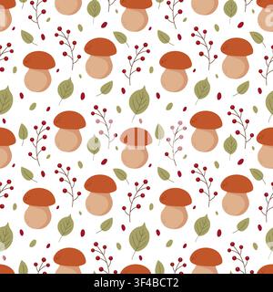 Nahtloses Herbstmuster mit Blättern, Pilzen und Beeren. Hintergrund für Tapeten, Geschenkpapier, Textilien, Buchumschläge, Wallpapers. Stock Vektor