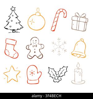 Handgezeichnetes Weihnachtssymbol-Set mit einem geschmückten Baum, einer Kugel, einem Zuckerstange, einer Geschenkschachtel, einem Strumpf, einem Lebkuchenmann, einer Schneeflocke, einer Glocke, einem Stern, einem Handschuh Stock Vektor