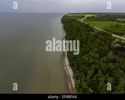 Luftaufnahme einer felsigen Küstenlinie, bewaldeter Klippen und landwirtschaftlicher Flächen entlang eines ruhigen Seeufers Stockfoto