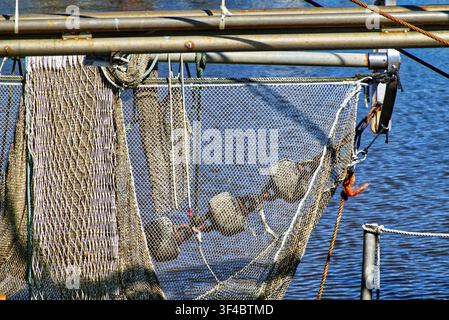 Krabbenfangnetz, das von einem Boot aufgehängt ist, mit Schwimmern und Seilen, symbolisch für die kommerzielle Fangindustrie und das Leben eines Fischers Stockfoto