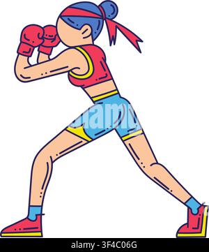 Flache Illustration, die eine Boxerin in Kampfstellung zeigt, während sie Boxhandschuhe trägt. Perfekt für Fitness, Sport, Training, Kampfkunst Stock Vektor