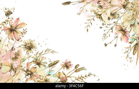 Aquarellhandgezeichnete Wildblumen und Wiesengras. Botanischer Rahmen mit Blumenmuster in Pastellfarben. Eleganter Naturhintergrund für Hochzeiten Stockfoto