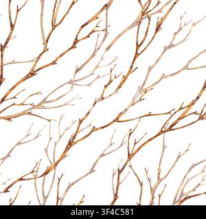 Aquarell nahtloses Muster mit trockenen Herbstbaumzweigen. Botanische handgezeichnete Illustration von Zweigen auf weißem Hintergrund. Von der Natur inspirierte Textur für Stockfoto
