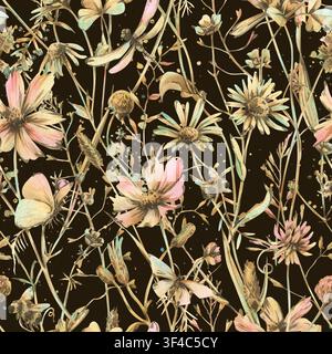Nahtloses Muster aus Wildblumen und Kräutern der Wiese in Pastelltönen auf schwarzem Hintergrund. Handgezeichnete Aquarellbotanische Illustration eines rustikalen Feldes Stockfoto