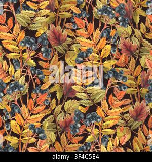 Aquarellillustration von herbstlichen Ebereschenbeeren und fallenden Blättern. Nahtloses botanisches Muster mit orangefarbenem Laub und dunkler Waldbeere. Handgezeichnet Stockfoto