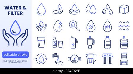 Wasser, Hydration, Liniensymbole gesetzt. Intelligente Flasche, wiederverwendbarer Tumbler, Filtrationssystem, pH-Test, Eco Tropfen flach minimale Vektorabbildungen. Einfach Stock Vektor