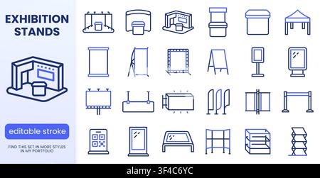 Ausstellung, Werbeständer Linie Symbole Set. Stand, Banner, Plakatwand, Messezelt, digitales Totem flache minimale Vektorillustrationen. Einfach Stock Vektor