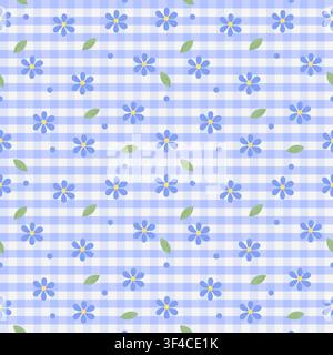 Nettes nahtloses Muster mit rosa Blumen, weichen Blättern und pastellfarbenen Gingham-Hintergrund, flache Vektorillustration ideal für Stoff, Verpackungspapier, Wallpap Stock Vektor