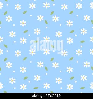 Bezauberndes blaues monochromes nahtloses Muster mit pastellfarbenen Gänseblümchen. Geeignet für Babymann-Wandtapeten, Textildesign und Web-Hintergründe. Fla Stock Vektor