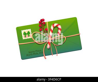 Weihnachtsbriefumschlag. Cartoon-Vektor festlicher Postumschlag dekoriert mit Poststempel, Zuckerstange, Beeren und Seil. Weihnachts-Postkarte, Seaso Stock Vektor