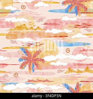Sonnenuntergang Nahtloses Muster Küsten-Träumender Himmel Sonne und Wolken Abstraktes Blush Ästhetische Aquarell-Tapetenhintergrund Terrakotta Rosa und Blaue Blob-Linien Stockfoto