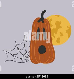 Handgezeichnete Halloween-Karte mit Kürbislaterne, Spinnwebe und Vollmond für saisonale Dekoration, Partyeinladung Stock Vektor