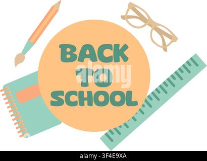 Zurück-zur-Schule-Illustration mit Schreibwaren wie Notizbuch, Bleistift, Brille und Lineal Stock Vektor