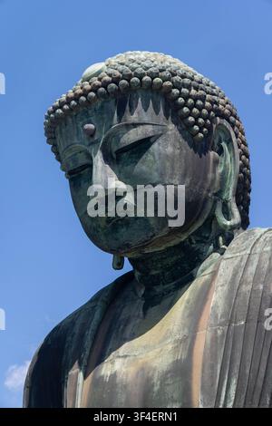 Kamakura, Japan - 16. April 2026: Ein Detail des Kopfes der großen Bronzestatue des Buddha im buddhistischen Tempel Kotoku-in Stockfoto