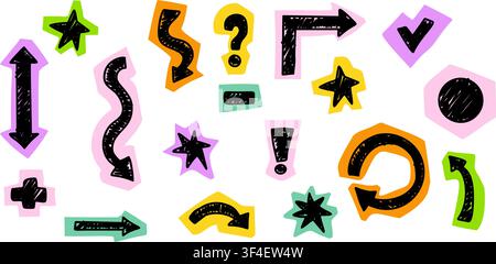 Buntstift-Sammelalbum-Kritzel-Aufkleber-Set mit buntem Kringel-Pfeil, Frage- und Ausrufezeichen, Sternen. Vektorillustration. Isoliert Naiv Stock Vektor