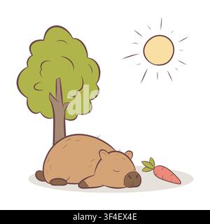 Eine Vektorillustration eines schlafenden Kapuzineraffens neben einem Baum im Sonnenschein Stock Vektor