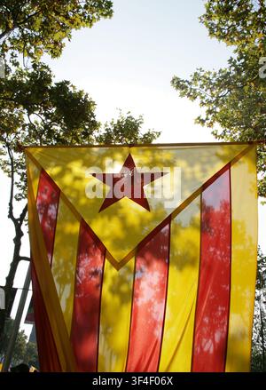 Estelada. Inoffizielle Flagge, die die katalanische Unabhängigkeitsbewegung repräsentiert. "Estelada vermella" (rote Estelada). Die "Estelada vermella" wurde von "Esquerra Catalana dels Treballadors" (ETC) (Katalanische Linke der Arbeiter) übernommen, als sie 1972 in Perpignan gegründet wurde. Es war eine nationalistische und extrem linke Partei, die 1981 aufgelöst wurde. Stockfoto
