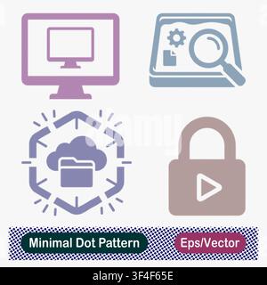 Minimaler Punktmuster-Remote-Desktop, Systemüberwachungssandbox, verschlüsselter Cloud-Speicher und Video-Sperr-Vektor-Icons-Set Stock Vektor