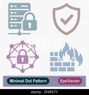 Minimaler Punktmuster-Cybersicherheits-, Serverprotektions-, verschlüsseltes Netzwerk- und Firewall-Vektorsymbol-Set Stock Vektor