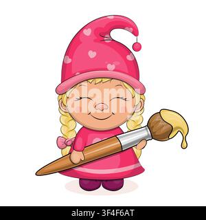 Niedliches Cartoon-Gnom-Mädchen hält einen Pinsel mit gelber Farbe. Charakter-Vektorillustration einer Zwergfrau auf weißem Hintergrund. Stock Vektor