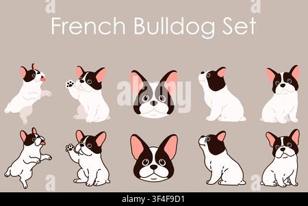 Einfache und bezaubernde französische Bulldoggen-Illustrationen-Set Stock Vektor