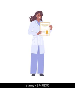 Medizinforscher hält ein Zertifikat, das sein Forschungsergebnis anerkennt. Teilnehmerin der Wissenschaftskonferenz, Ärztin Stock Vektor