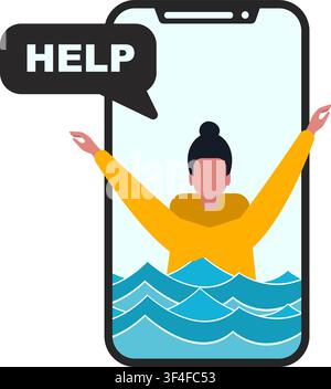 Problematische Internetnutzung. Teen Mädchen ertrinken im Inneren des Smartphones, isolierte Vektor-Illustration in flachem Stil Stock Vektor