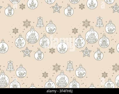 Nahtloses Weihnachtmuster mit Verzierungen, Sternen, Glocken und Schneeflocken Stockfoto