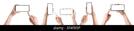 Menschen, die Smartphones mit leeren Bildschirmen auf weißem Hintergrund halten, Set Stockfoto