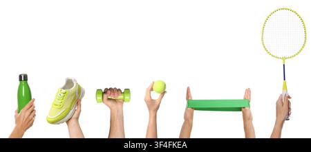 Sportgeräte in den Händen von Menschen auf weißem Hintergrund, Set Stockfoto