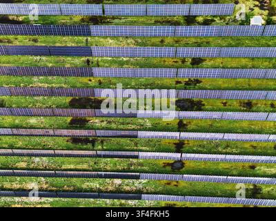 Luftaufnahme von oben über eine Solarpaneel-Farm Stockfoto