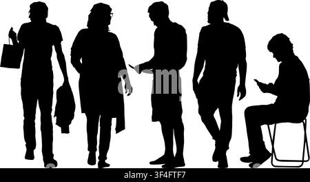Satz von schwarzen Silhouetten von Männern und Frauen in verschiedenen Posen und Aktivitäten auf weißem Hintergrund. Stock Vektor
