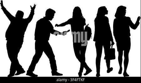 Satz von schwarzen Silhouetten von Männern und Frauen in verschiedenen Posen und Aktivitäten auf weißem Hintergrund. Stock Vektor