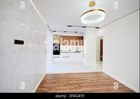 Moderner Open-Space-Wohnbereich mit integrierter Küche und Holzakzenten. Helles Interieur mit Marmorwand, Kronleuchter, eingebauten Geräten und minimalistischem Designkonzept Stockfoto