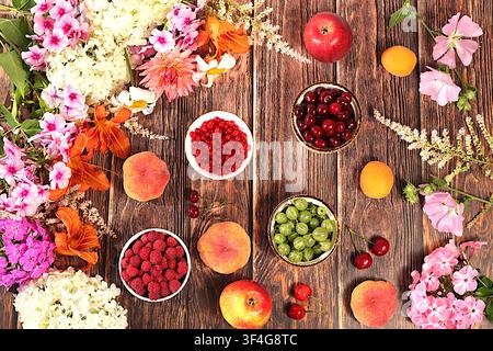 Werbebanner mit schönen Gartenblumen, Früchten und Beeren. Zeichnung von Gänseblümchen, Hortensien, Phlox, Lilien, Johannisbeeren, Kirschen, Himbeeren Stockfoto