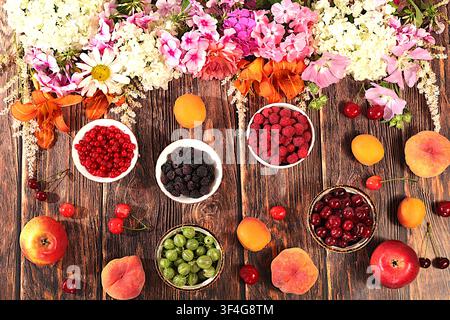 Zeichnung von Gänseblümchen, Hortensien, Phlox, Lilien, Ribisel, Kirschen, Himbeeren und Obst macht eine sonnige Sommerpostkarte. Werbebanner mit Stockfoto