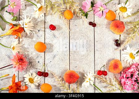 Zeichnung von Gänseblümchen, Hortensien, Phlox, Lilien, Kirschen, Pfirsichen und Aprikosen eignet sich für eine sonnige Sommerpostkarte. Werbebanner mit wunderschönen Stockfoto