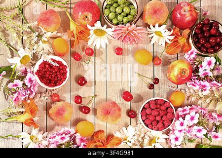 Zeichnung von Gänseblümchen, Hortensien, Phlox, Lilien, Ribisel, Kirschen, Himbeeren und Obst macht eine sonnige Sommerpostkarte. Werbebanner mit Stockfoto