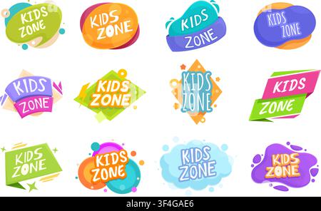 Kinderzonen-Badges. Farbiges Logo, Kinderzimmer, Kinderbereichs-Aufkleber. Isolierte Elemente für Spielzimmer, Spielplatz, Geschäfte, knackiges Vektordesign Stock Vektor