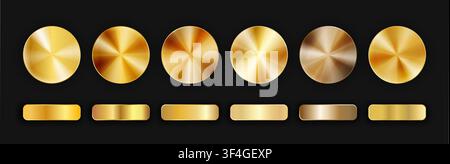 Radialer realistischer Gold-Metall-Paket-Gradient isoliert auf schwarzem Hintergrund mit Schatten. Goldener Chrom-Kreis und Rechteck-Taste oder Auszeichnungsmedaille-Set. Stock Vektor