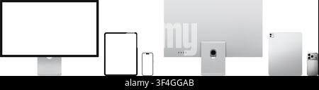 Fotorealistische moderne silberne moderne Smart-Geräte-Kollektion-Mockup: Smartphone, PC, Tablet-PC, Display. Vorder- und Rückansicht isoliert auf transparentem Hintergrund Stock Vektor