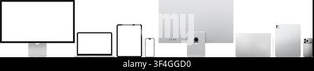 Fotorealistische moderne silberne moderne Smart-Geräte-Kollektion-Mockup: Smartphone, PC, Laptop, Tablet, Display. Vorder-, Rück- und Rückseitenansichten isoliert auf trans Stock Vektor
