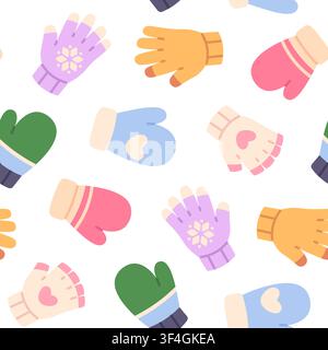 Strickhandschuhe Nahtloses Muster. Gestrickte Handschuhe, Handschuhe mit verschiedenen Dekoren. Niedliche Kinderaccessoires zum Wärmen der Hände, schickes Vektorhintergrund Stock Vektor