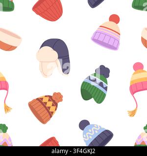Winter-Stil-Hüte Nahtloses Muster. Gestrickte warme Mütze, Kopfaccessoires für kalte Jahreszeiten. Kinder- und Erwachsenenkleidung. Dekoratives Druckdesign, Vektor Stock Vektor