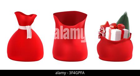 3D-Weihnachtsbeutel mit Weihnachtsmann, offen, mit Geschenk und Dekoelement. Volle Sacktasche mit roter Weihnachtsdekoration. Großes Paket mit verpacktem Geschenk, niedlicher Lieferrender Stock Vektor