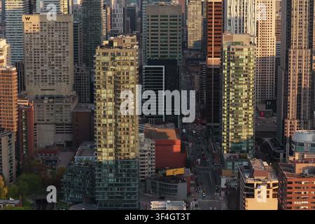 TORONTO, KANADA - 10. MAI 2024: Luftaufnahme von dicht gedrängten modernen Wohn- und Bürohochhäusern, deren Glasfassaden warmes goldenes Sonnenlicht reflektieren Stockfoto