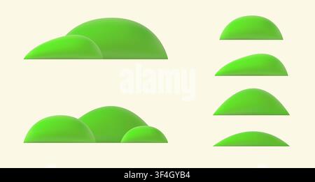 Süßer 3D-Frühlingshügel, bedeckt mit grünem Gras. Cartoon-Landschaftselemente und Komposition für Kinderillustrationen, Naturszenen, Außenumgebung Stock Vektor